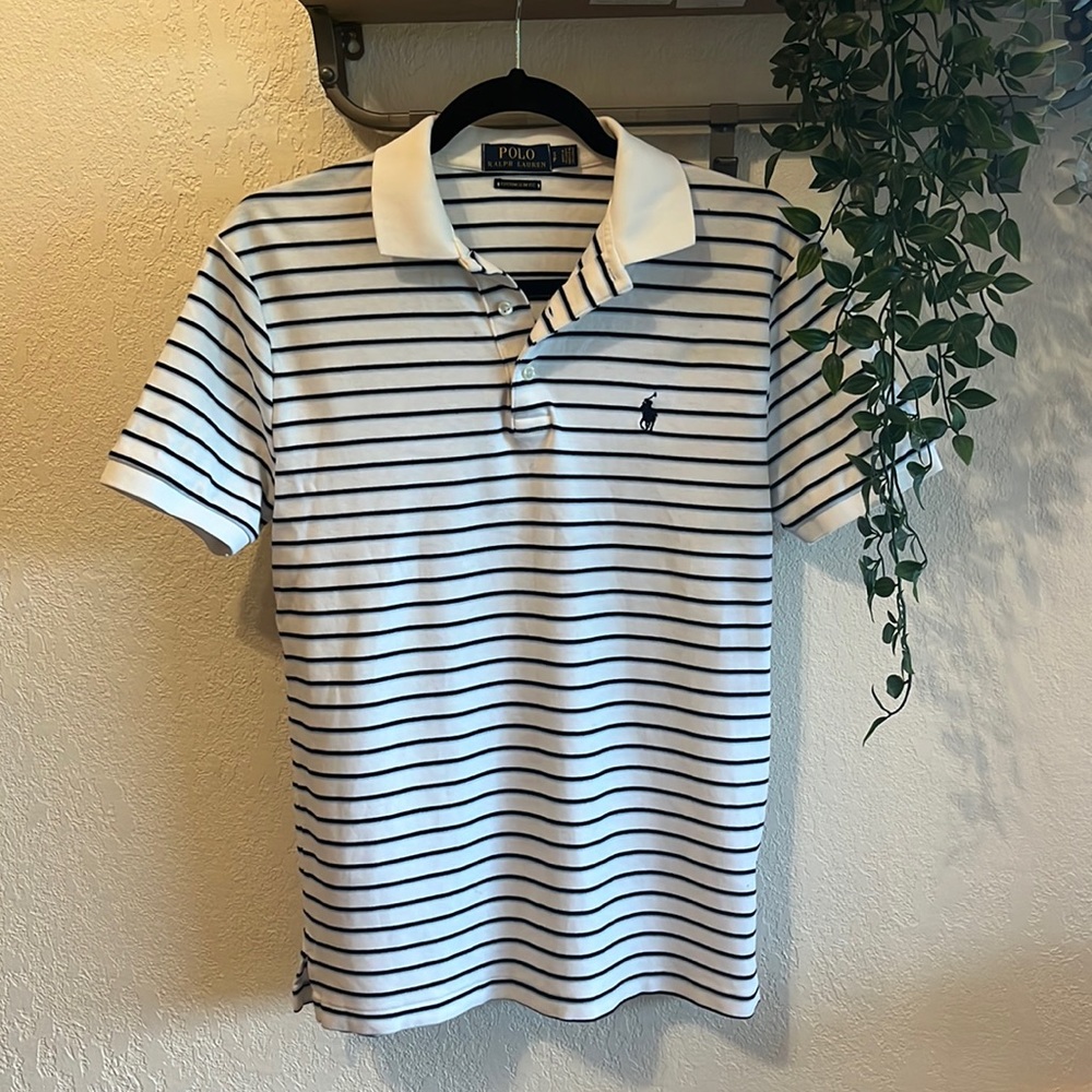 Navy blue & baby blue striped white polo
